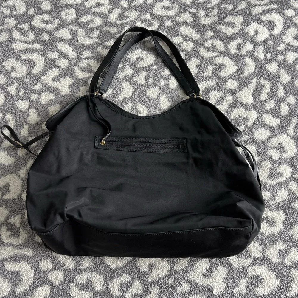 Tory Burch Black Nylon Tote Bag Logo Snap Closure Inner Pockets Leather Straps